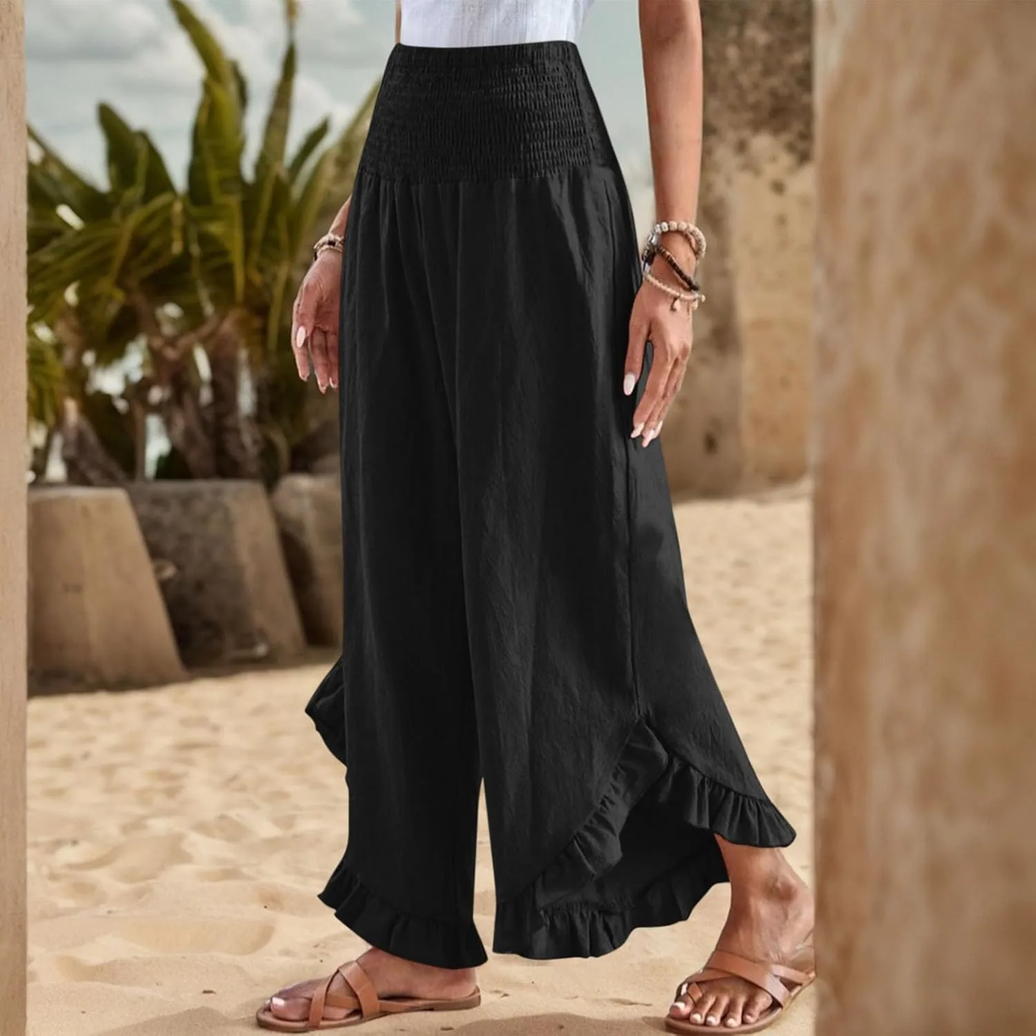 Linen Wide Leg Pants for Women Stretch Smocked High Waisted Ruffle Hem Palazzo Pants Summer Casual Loose Beach Pants
