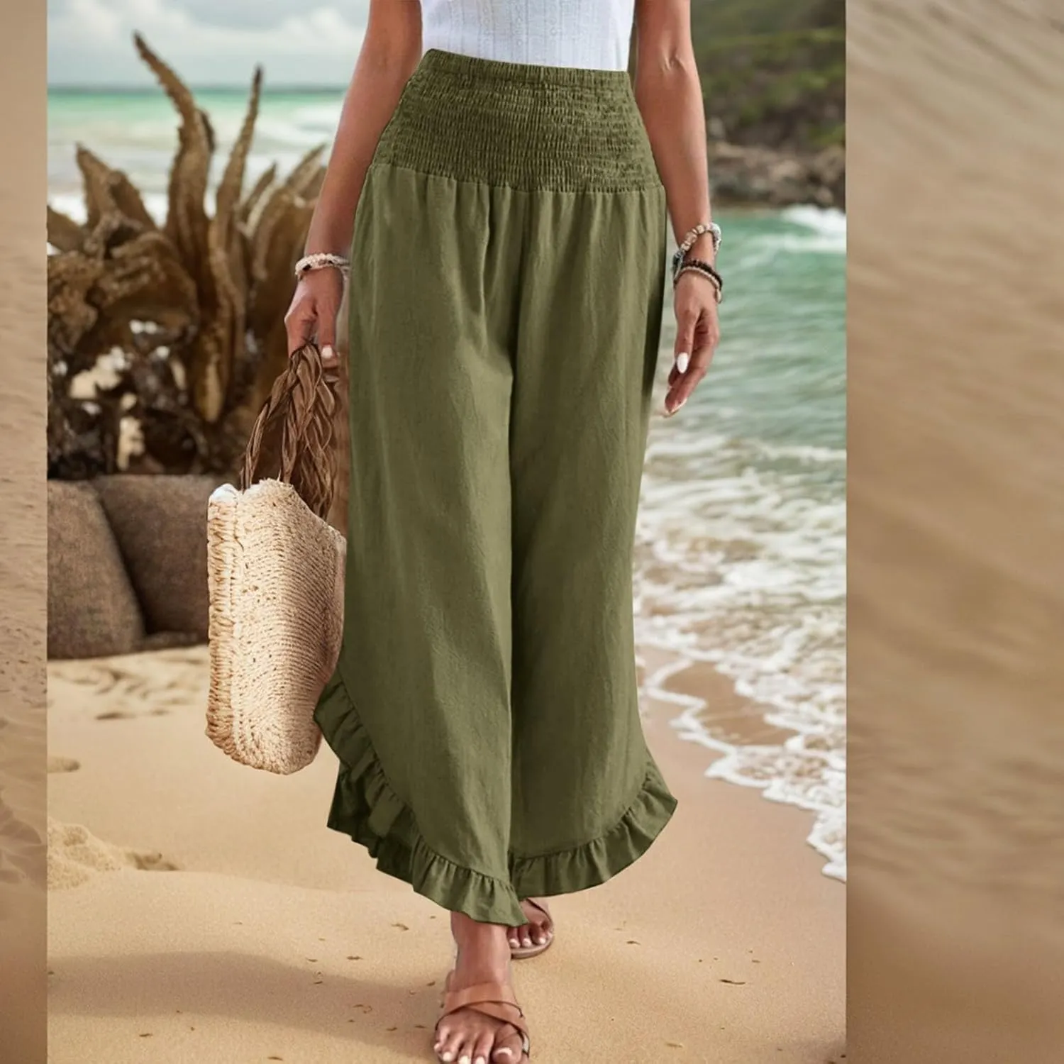 Linen Wide Leg Pants for Women Stretch Smocked High Waisted Ruffle Hem Palazzo Pants Summer Casual Loose Beach Pants
