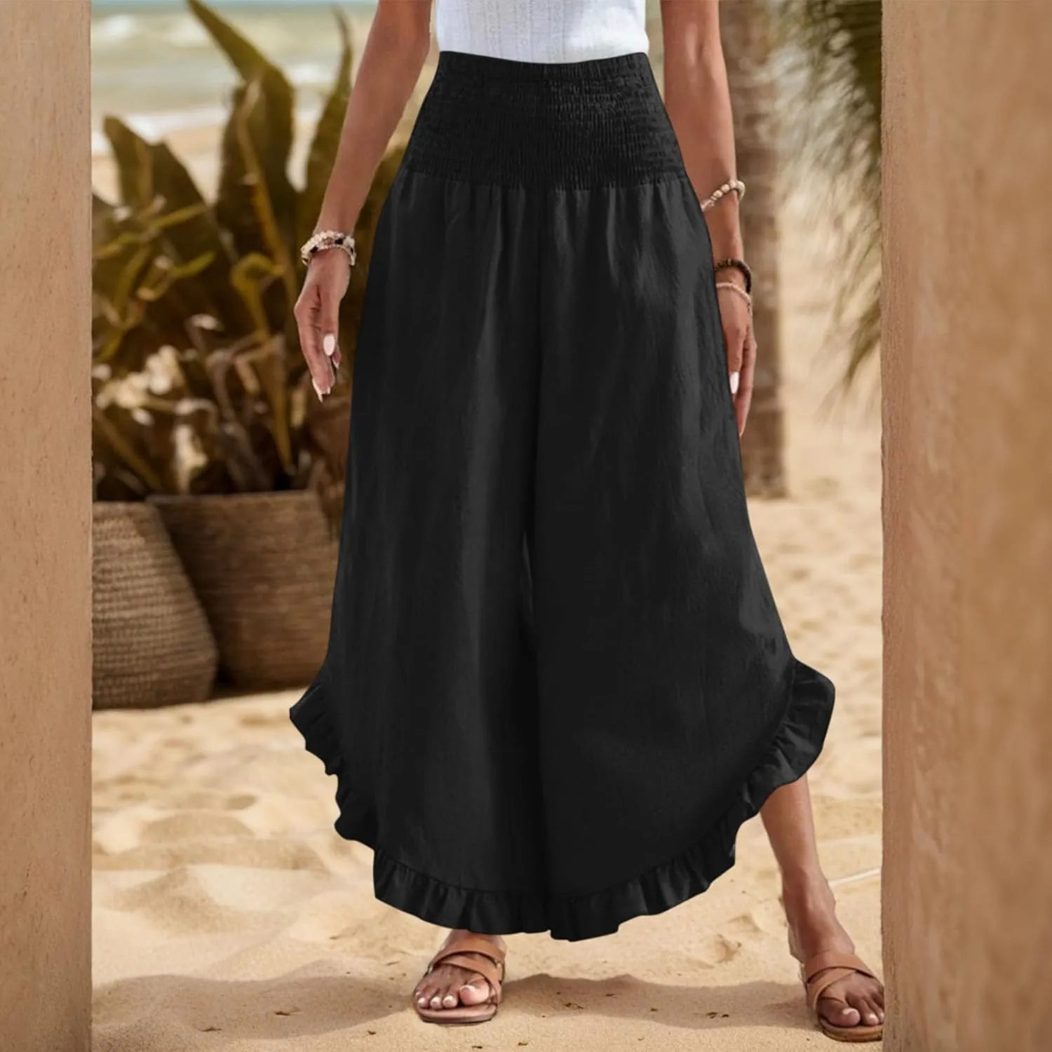 Linen Wide Leg Pants for Women Stretch Smocked High Waisted Ruffle Hem Palazzo Pants Summer Casual Loose Beach Pants