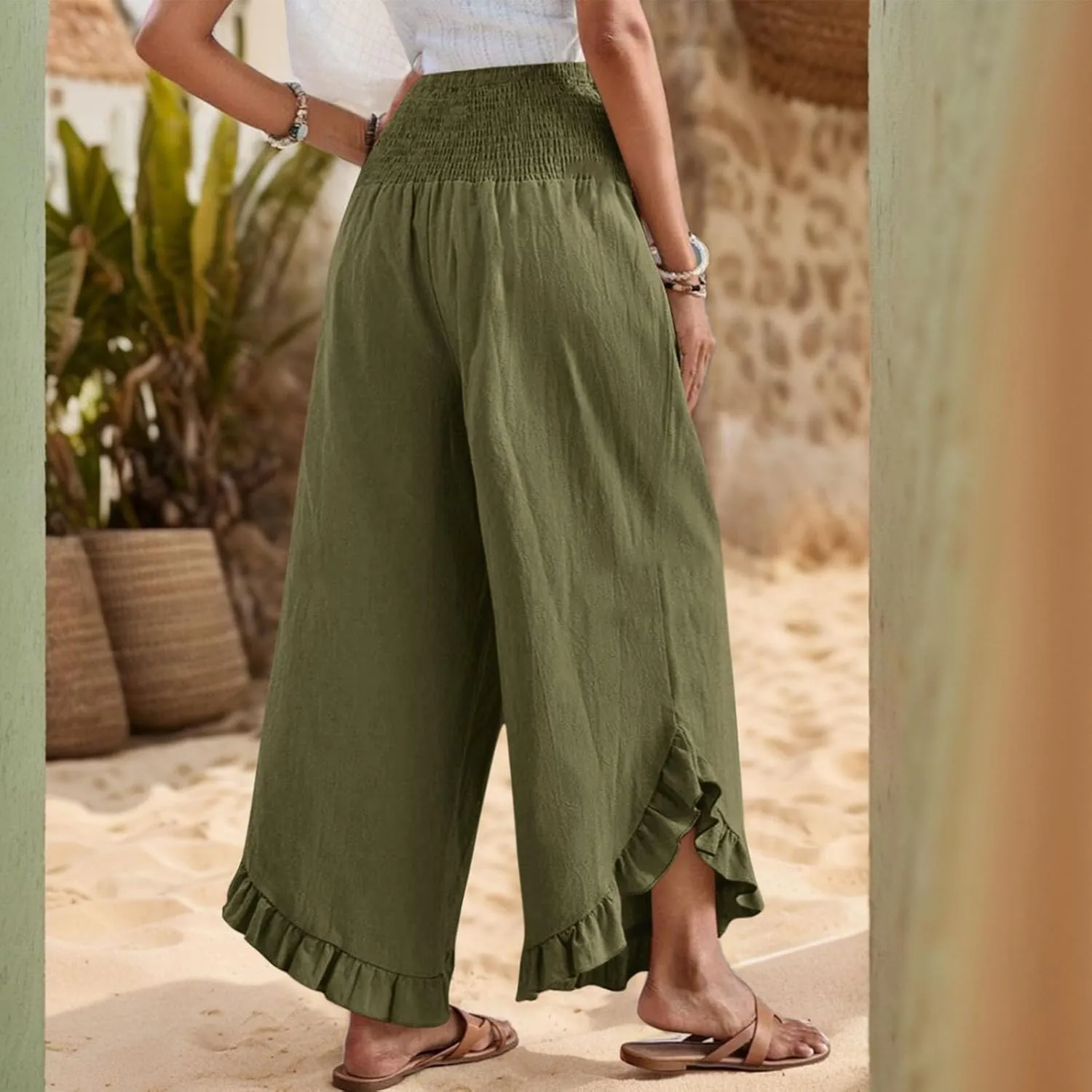 Linen Wide Leg Pants for Women Stretch Smocked High Waisted Ruffle Hem Palazzo Pants Summer Casual Loose Beach Pants