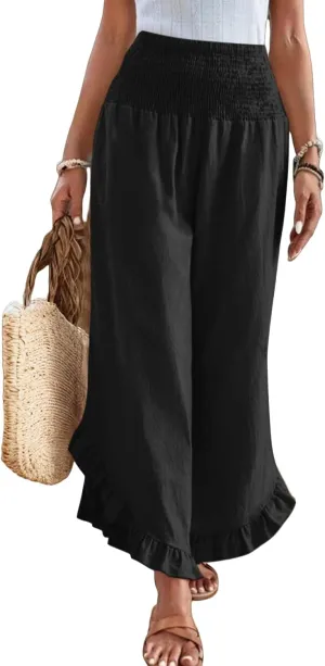 Linen Wide Leg Pants for Women Stretch Smocked High Waisted Ruffle Hem Palazzo Pants Summer Casual Loose Beach Pants