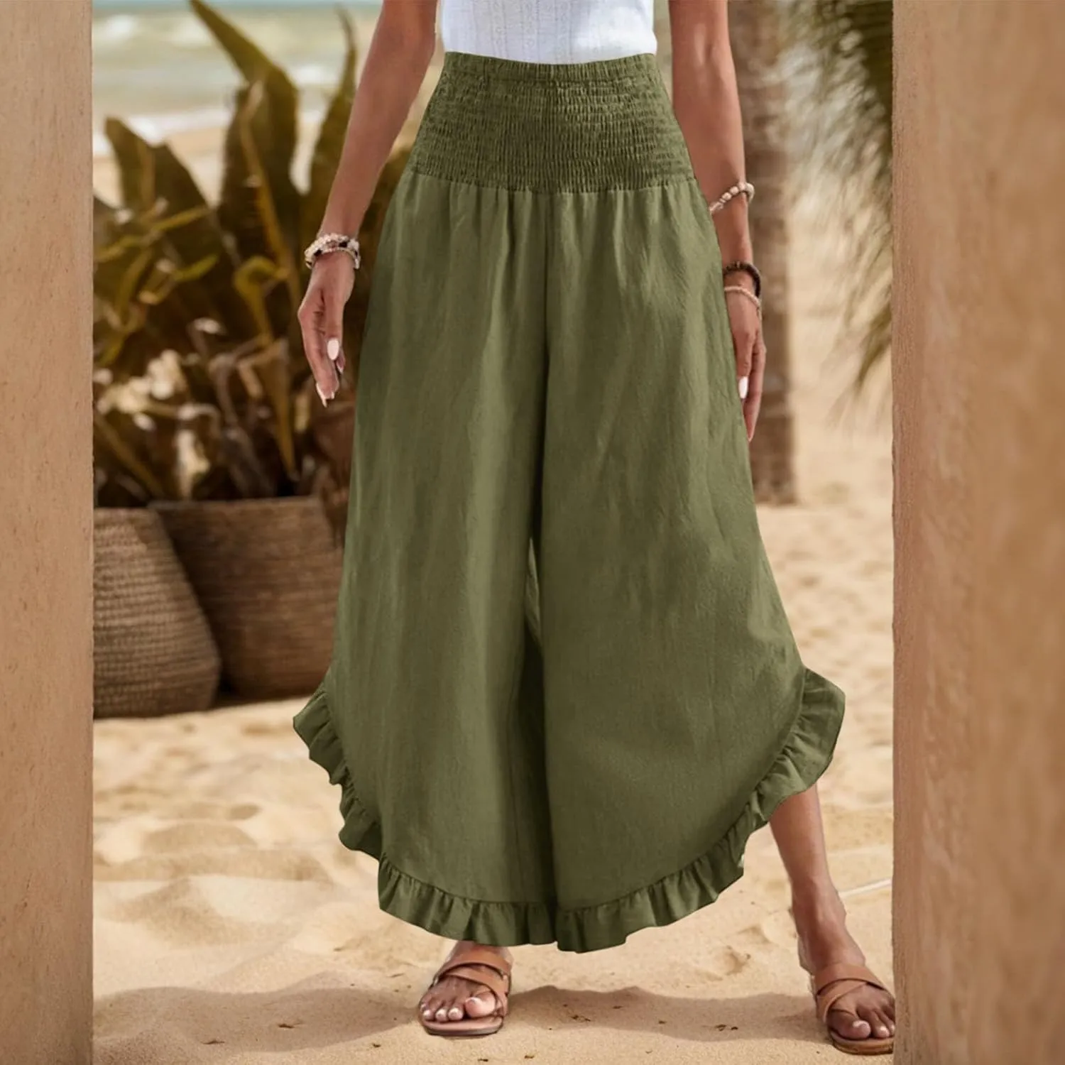 Linen Wide Leg Pants for Women Stretch Smocked High Waisted Ruffle Hem Palazzo Pants Summer Casual Loose Beach Pants