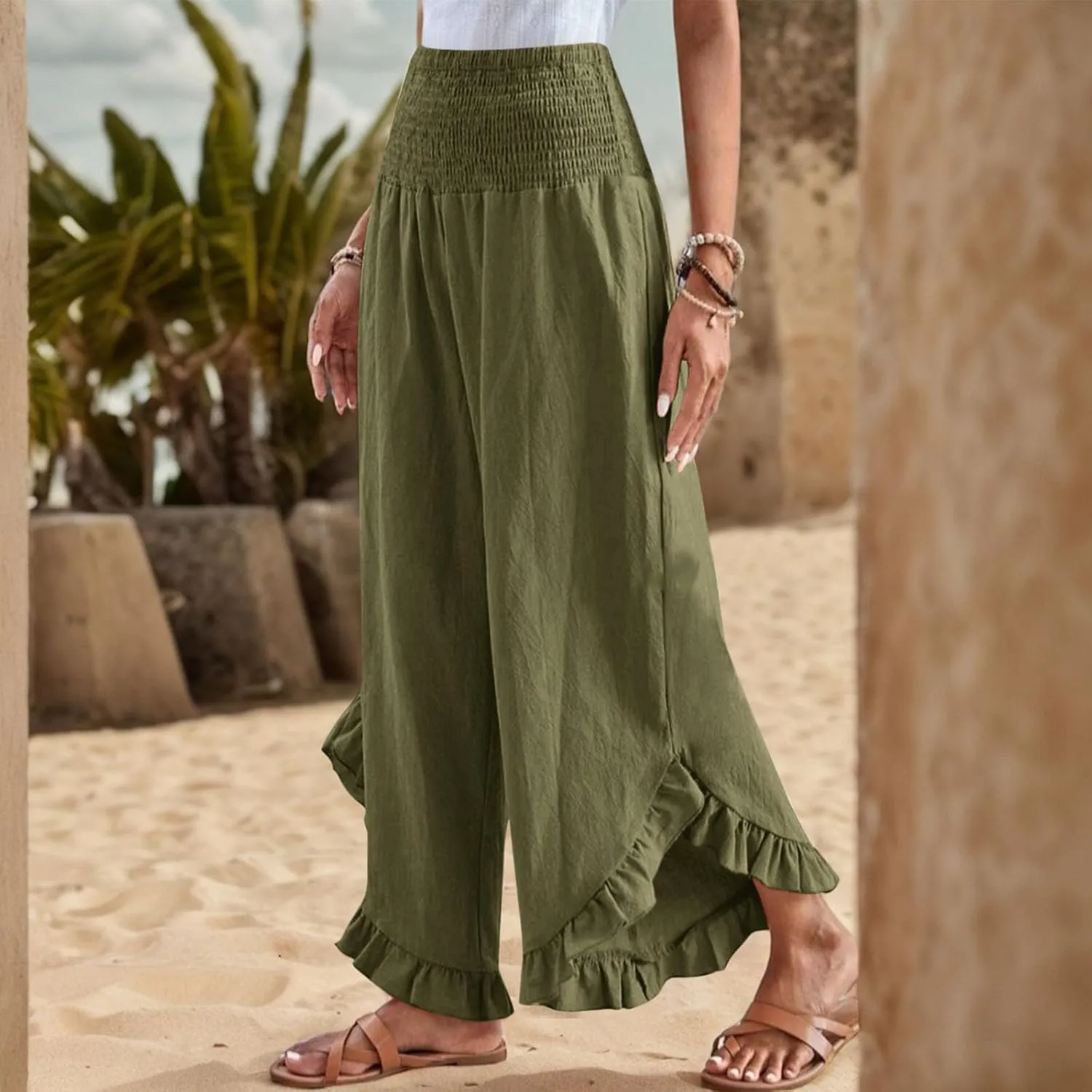 Linen Wide Leg Pants for Women Stretch Smocked High Waisted Ruffle Hem Palazzo Pants Summer Casual Loose Beach Pants
