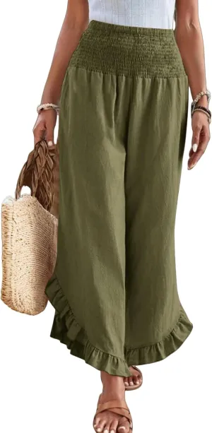 Linen Wide Leg Pants for Women Stretch Smocked High Waisted Ruffle Hem Palazzo Pants Summer Casual Loose Beach Pants
