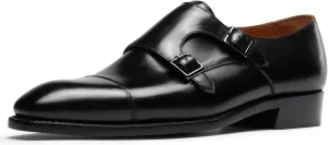 Loafers for Men - Genuine Calfskin Monk Strap Shoes | Cap Toe Dress Shoes with Double Buckle & Blake Stitch | Business Formal & Casual