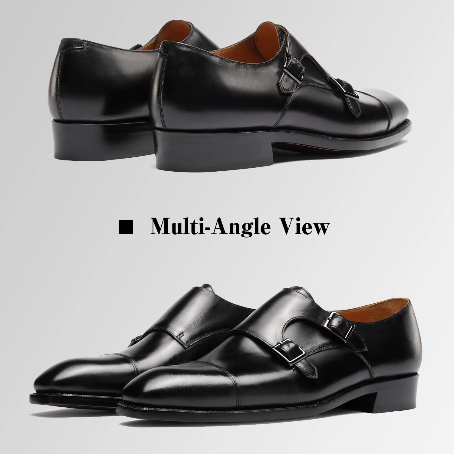 Loafers for Men - Genuine Calfskin Monk Strap Shoes | Cap Toe Dress Shoes with Double Buckle & Blake Stitch | Business Formal & Casual