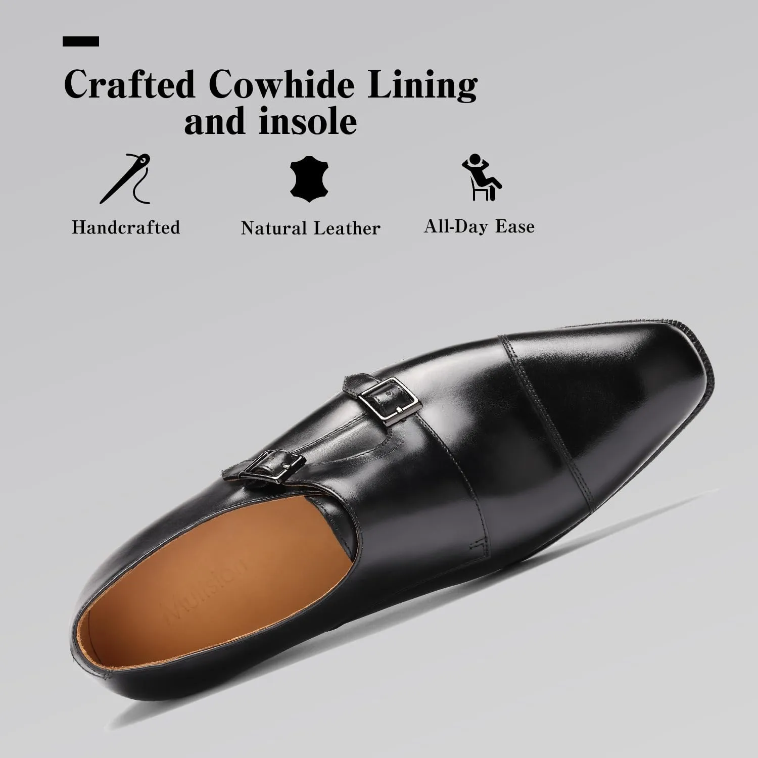 Loafers for Men - Genuine Calfskin Monk Strap Shoes | Cap Toe Dress Shoes with Double Buckle & Blake Stitch | Business Formal & Casual
