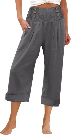 Long Linen Pants for Women Tall Solid Color Button Loose Casual Pants Tailored Linen Pants for Women