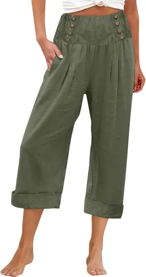 Long Linen Pants for Women Tall Solid Color Button Loose Casual Pants Tailored Linen Pants for Women