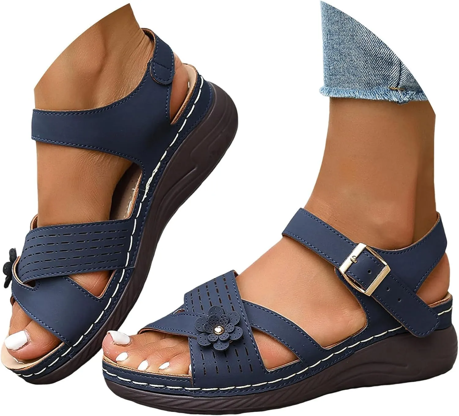 Low Wedge Heels for Women Open Toe Comfortable Arch Support Slip on Casual Summer Walking Air Cushion Arch Support Adjustable Ankle Strap Breathable 2025 Fashion Sandals