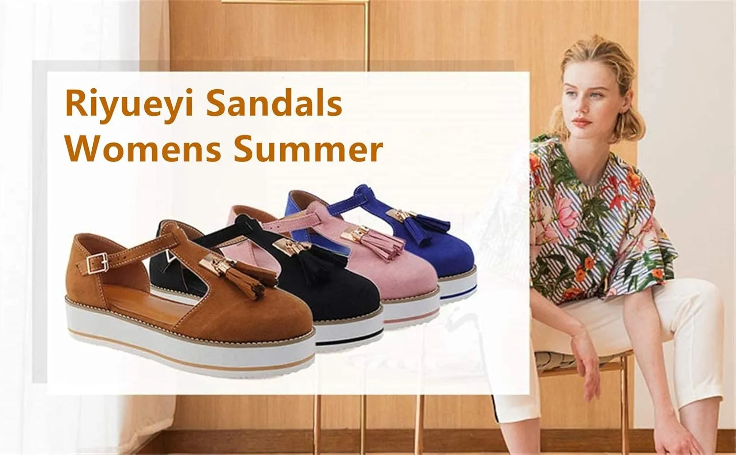 LUWAY Summer Sandals for Women Platform Tassel Leather Sandal Closed Toe Buckle Shoes Ankle Strap Heeled Vintage Beach Espadrilles Sandals,Blue,US11/EU43
