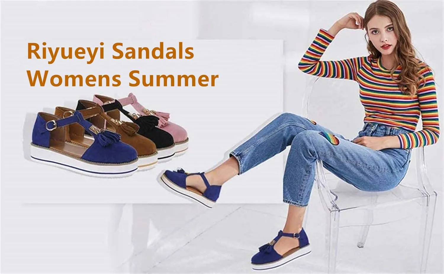 LUWAY Summer Sandals for Women Platform Tassel Leather Sandal Closed Toe Buckle Shoes Ankle Strap Heeled Vintage Beach Espadrilles Sandals,Blue,US11/EU43