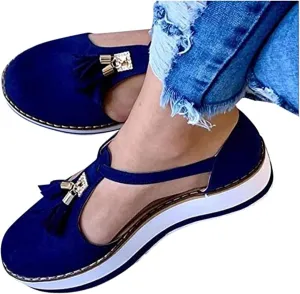 LUWAY Summer Sandals for Women Platform Tassel Leather Sandal Closed Toe Buckle Shoes Ankle Strap Heeled Vintage Beach Espadrilles Sandals,Blue,US11/EU43
