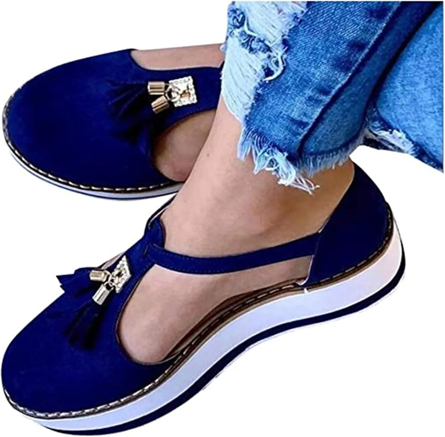 LUWAY Summer Sandals for Women Platform Tassel Leather Sandal Closed Toe Buckle Shoes Ankle Strap Heeled Vintage Beach Espadrilles Sandals,Blue,US11/EU43