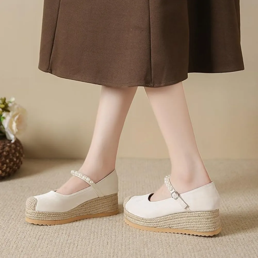 Mary Jane Espadrilles for Women Platform Rattan Wedge Sandals Raffia Ballet Flats Slip on House Slippers Lightweight Breathable Low Top Buckled Beaded Straps Casual Dress Shoes Beach Party Vacation