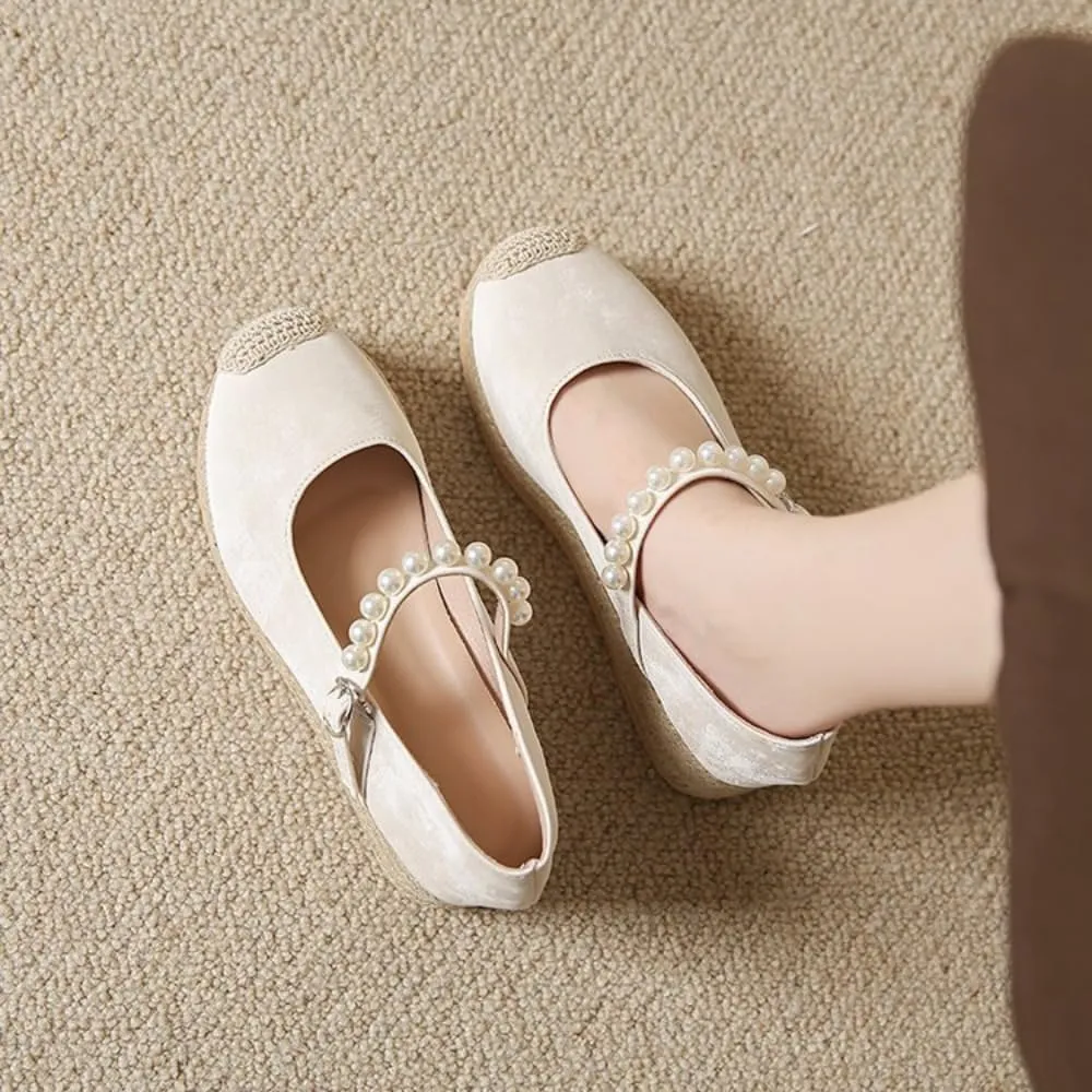 Mary Jane Espadrilles for Women Platform Rattan Wedge Sandals Raffia Ballet Flats Slip on House Slippers Lightweight Breathable Low Top Buckled Beaded Straps Casual Dress Shoes Beach Party Vacation