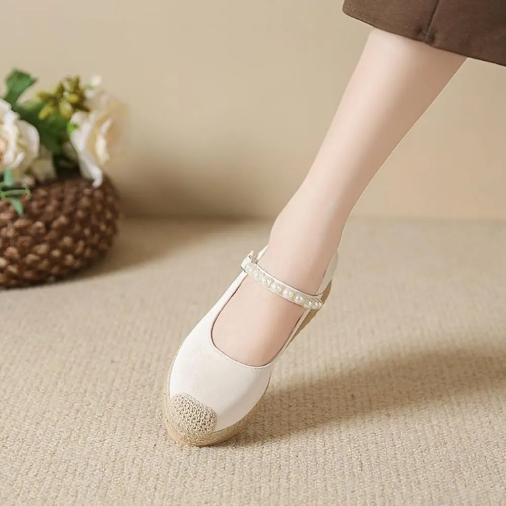 Mary Jane Espadrilles for Women Platform Rattan Wedge Sandals Raffia Ballet Flats Slip on House Slippers Lightweight Breathable Low Top Buckled Beaded Straps Casual Dress Shoes Beach Party Vacation