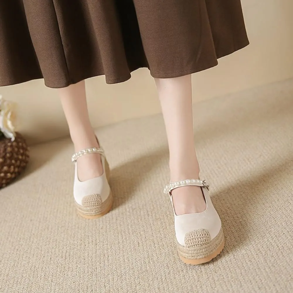 Mary Jane Espadrilles for Women Platform Rattan Wedge Sandals Raffia Ballet Flats Slip on House Slippers Lightweight Breathable Low Top Buckled Beaded Straps Casual Dress Shoes Beach Party Vacation