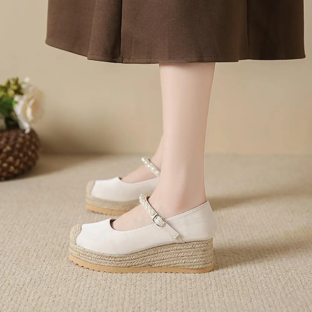 Mary Jane Espadrilles for Women Platform Rattan Wedge Sandals Raffia Ballet Flats Slip on House Slippers Lightweight Breathable Low Top Buckled Beaded Straps Casual Dress Shoes Beach Party Vacation