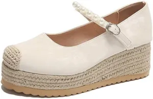 Mary Jane Espadrilles for Women Platform Rattan Wedge Sandals Raffia Ballet Flats Slip on House Slippers Lightweight Breathable Low Top Buckled Beaded Straps Casual Dress Shoes Beach Party Vacation