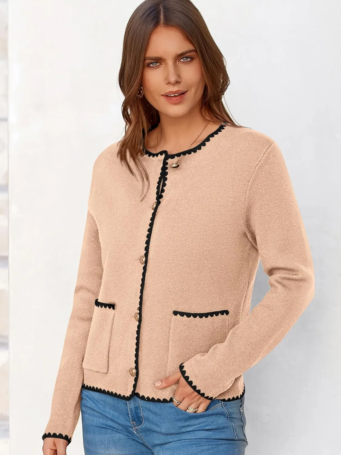 MASCOMODA Open Front Cropped Cardigan Sweaters for Women Fall Dressy Casual Long Sleeve Button Down Knit Tweed Jacket Outwear