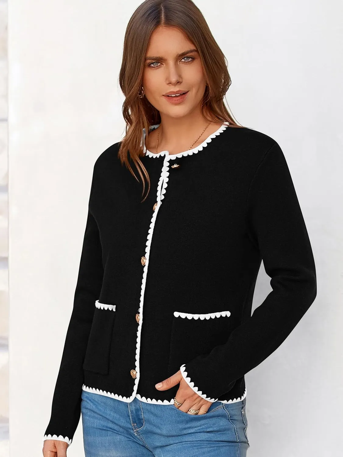 MASCOMODA Open Front Cropped Cardigan Sweaters for Women Fall Dressy Casual Long Sleeve Button Down Knit Tweed Jacket Outwear