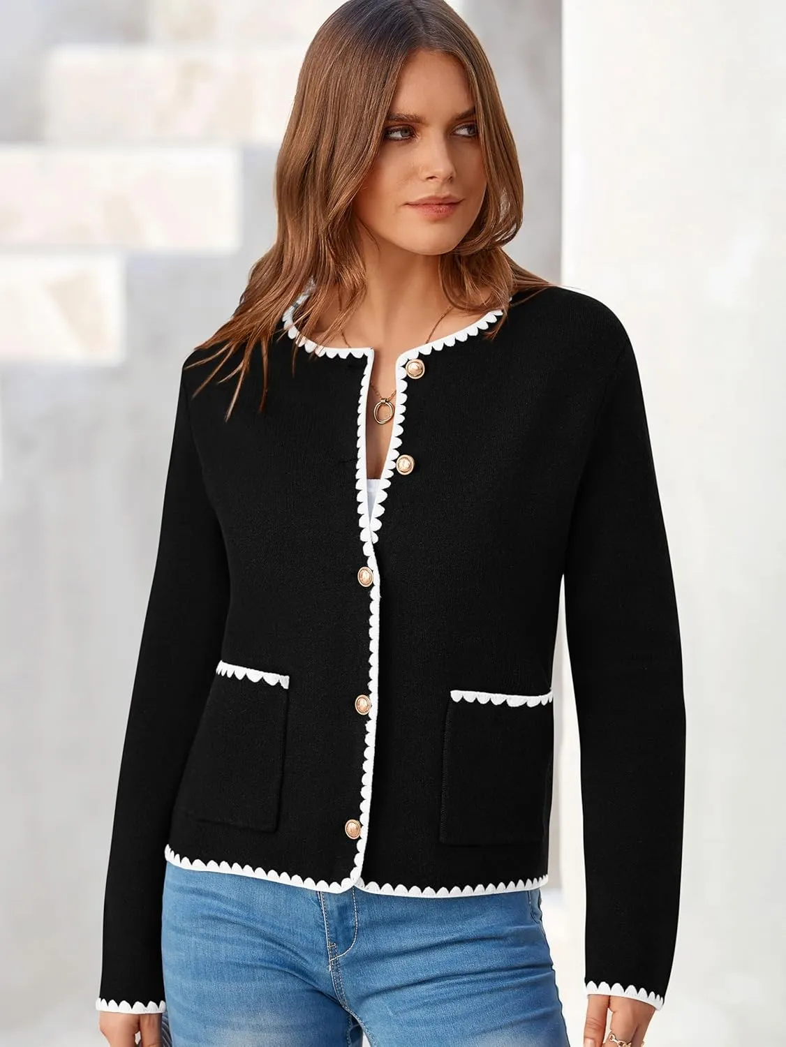 MASCOMODA Open Front Cropped Cardigan Sweaters for Women Fall Dressy Casual Long Sleeve Button Down Knit Tweed Jacket Outwear