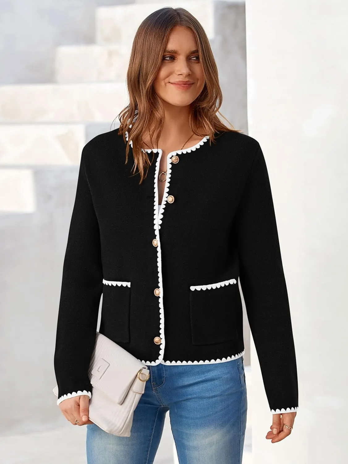 MASCOMODA Open Front Cropped Cardigan Sweaters for Women Fall Dressy Casual Long Sleeve Button Down Knit Tweed Jacket Outwear
