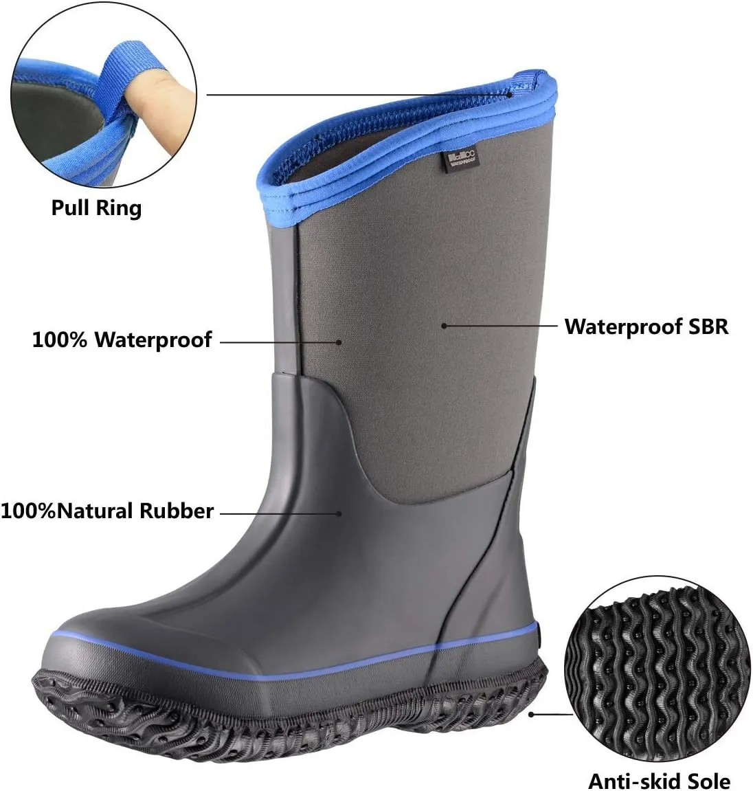 MCIKCC Kids Rubber Rain Boots, Waterproof Solid Classic Pull On Snow Wellies Boot for Children Toddler Boys Girls