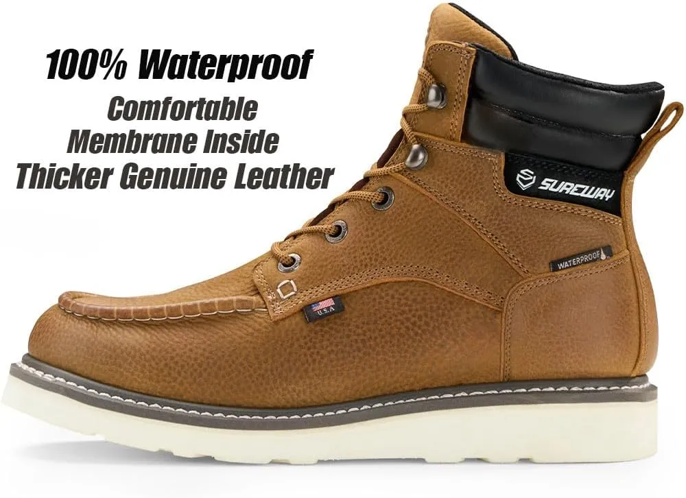 Men 6 Inch Waterproof Soft Toe Work Boots - Moc Toe,Construction Industrial Safety Leather Work Shoes,Oil/Slip Resistant Comfortable Wedge Outsole,EH Rated,Goodyear Welt,Lace Up,Heavy Duty