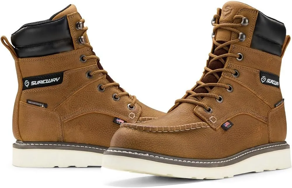 Men 8" Waterproof Soft Toe Work Boots,EH Construction Industrial Leather Lace Up Moc Toe Safety Work Boot, Oil/Slip Resistant Comfortable Wedge Outsole,Goodyear Welt,zapatos de trabajo para hombre