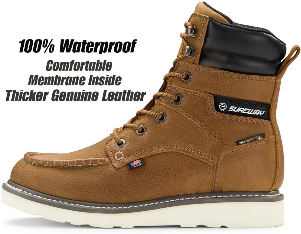 Men 8" Waterproof Soft Toe Work Boots,EH Construction Industrial Leather Lace Up Moc Toe Safety Work Boot, Oil/Slip Resistant Comfortable Wedge Outsole,Goodyear Welt,zapatos de trabajo para hombre