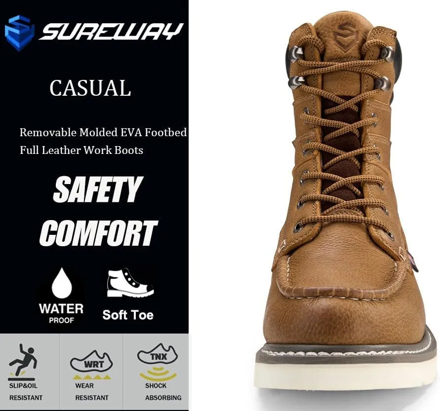 Men 8" Waterproof Soft Toe Work Boots,EH Construction Industrial Leather Lace Up Moc Toe Safety Work Boot, Oil/Slip Resistant Comfortable Wedge Outsole,Goodyear Welt,zapatos de trabajo para hombre