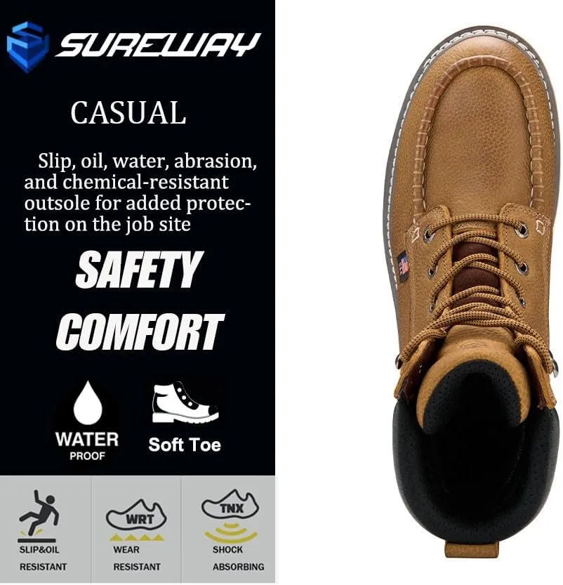 Men 8" Waterproof Soft Toe Work Boots,EH Construction Industrial Leather Lace Up Moc Toe Safety Work Boot, Oil/Slip Resistant Comfortable Wedge Outsole,Goodyear Welt,zapatos de trabajo para hombre