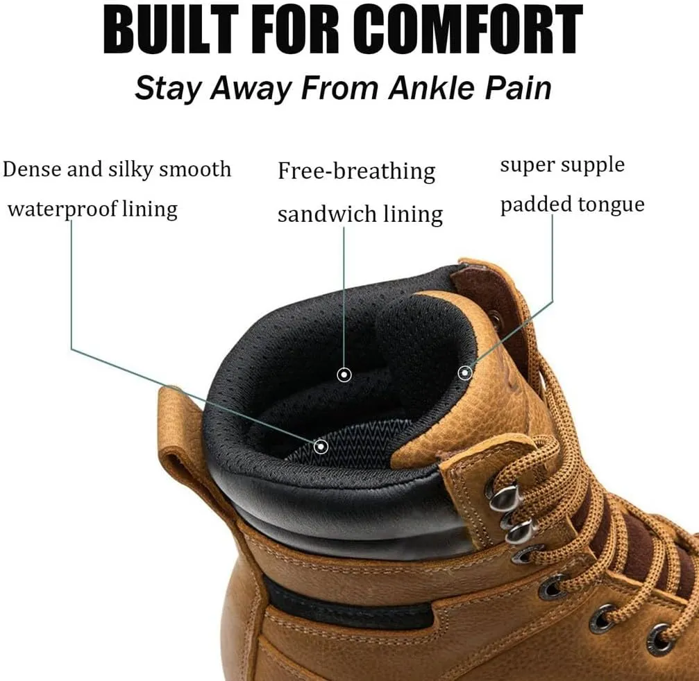 Men 8" Waterproof Soft Toe Work Boots,EH Construction Industrial Leather Lace Up Moc Toe Safety Work Boot, Oil/Slip Resistant Comfortable Wedge Outsole,Goodyear Welt,zapatos de trabajo para hombre
