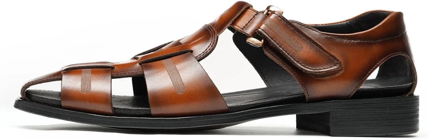 Men抯 Genuine Leather Fisherman Sandals ?Adjustable Buckle, Open-Toe Design, Comfortable & Stylish for Summer, Casual Wear, Outdoor Activities, & All-Day Comfort