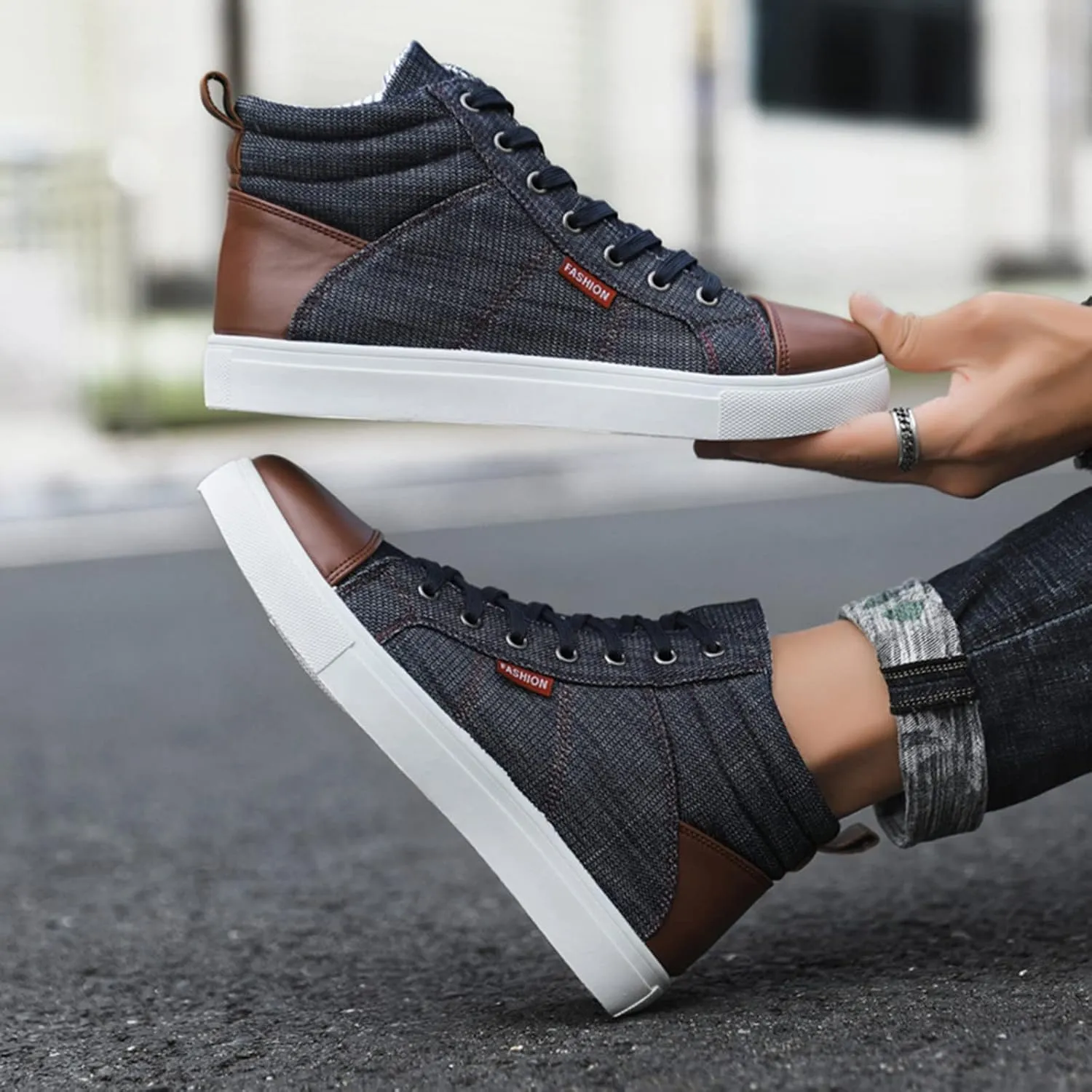 Men's Ankle Shoes Autumn and Winter Casual High-Top Cotton Shoes Boys Teenagers Students Fleece-Lined Oversized Fashionable Sneakers For Workout Walking Running