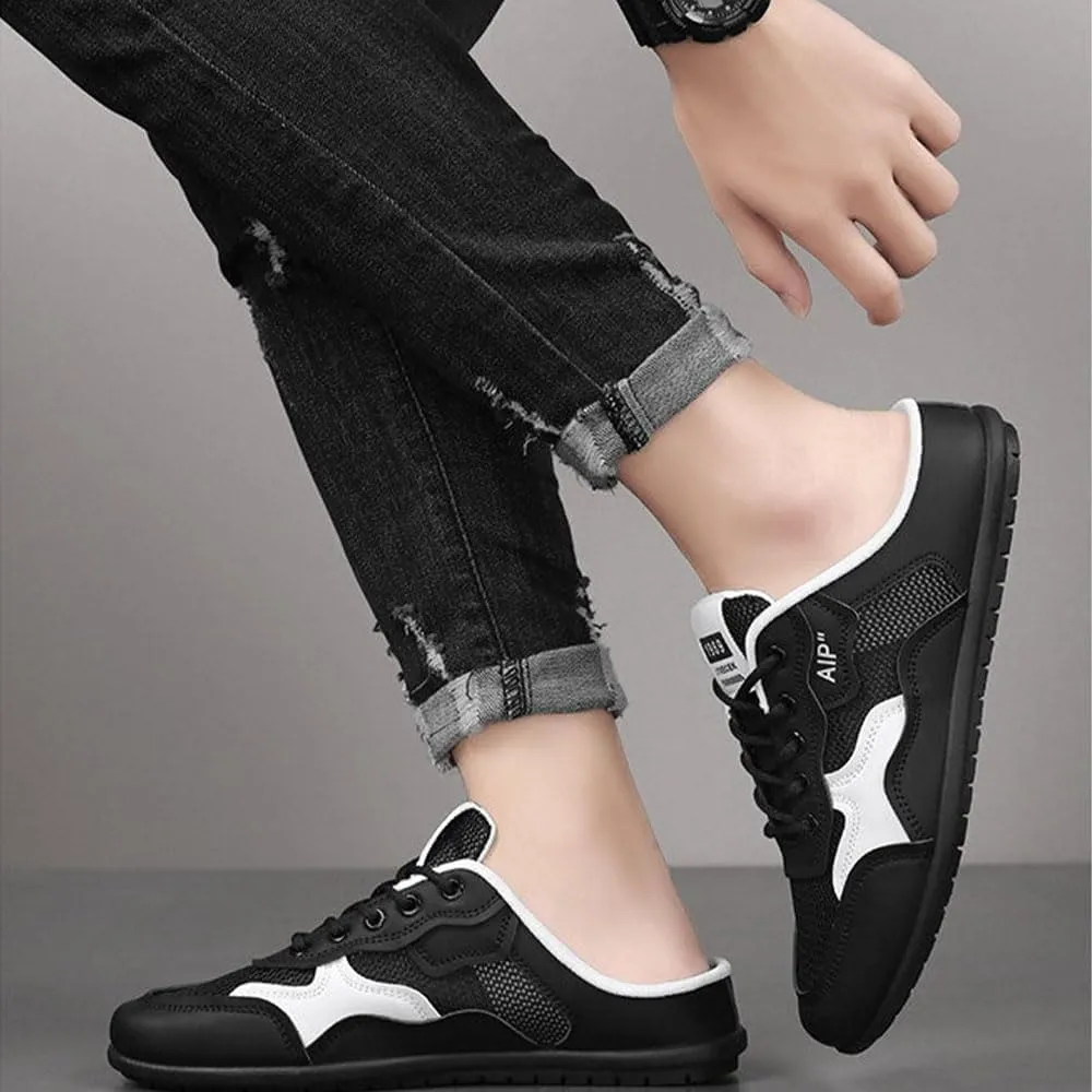 Mens Backless Slip On Sneakers Shoes,Breathable Mesh Sports Soft Sole Non-Slip Beach Heelless Sandals Large Size Men's Casual Slippers