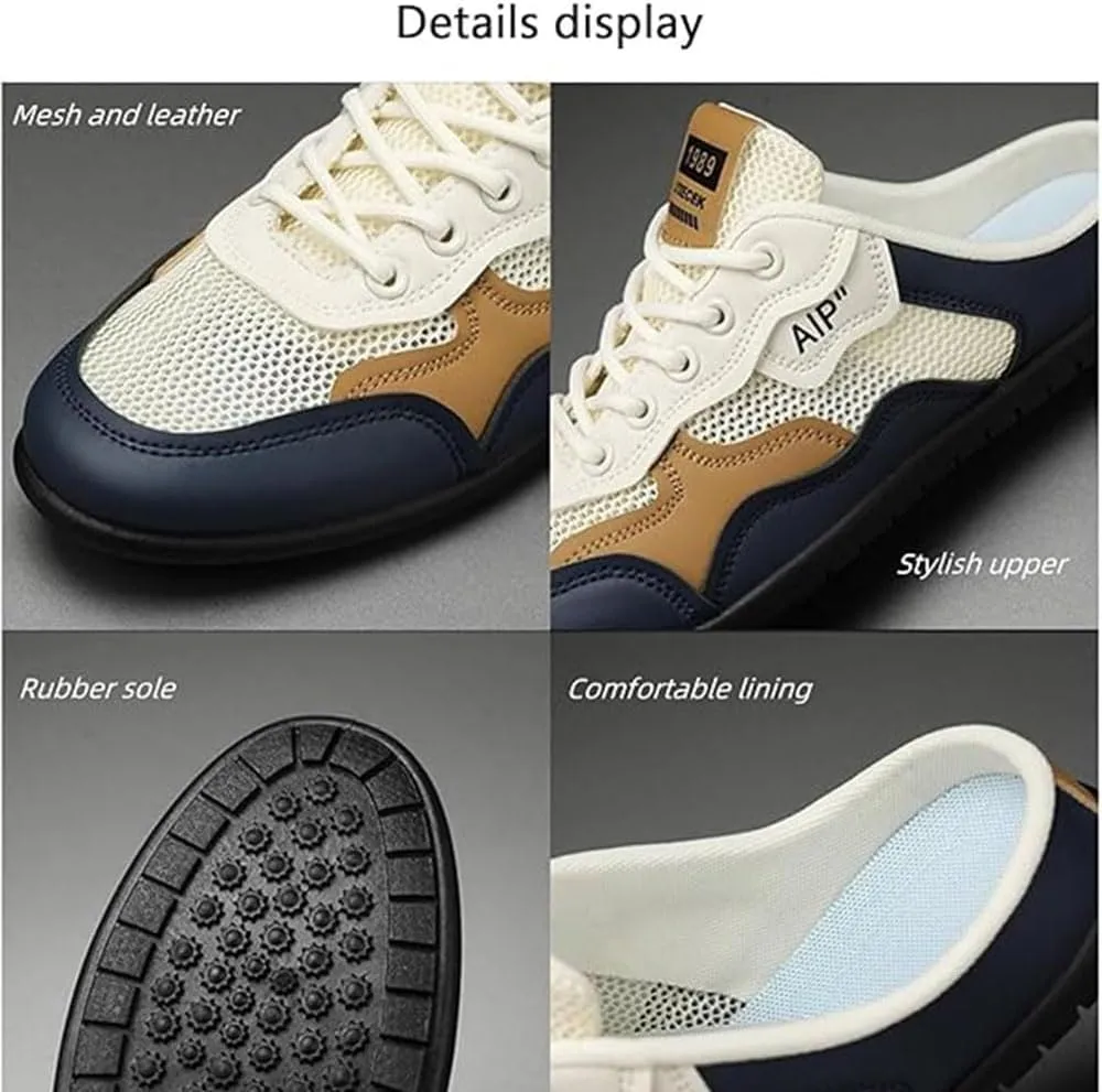 Mens Backless Slip On Sneakers Shoes,Breathable Mesh Sports Soft Sole Non-Slip Beach Heelless Sandals Large Size Men's Casual Slippers