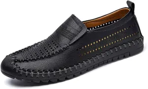 Men's Breathable Perforated Loafers Hand-Stitched Soft Sole Casual Shoes Slip-on Driving Moccasins for Men