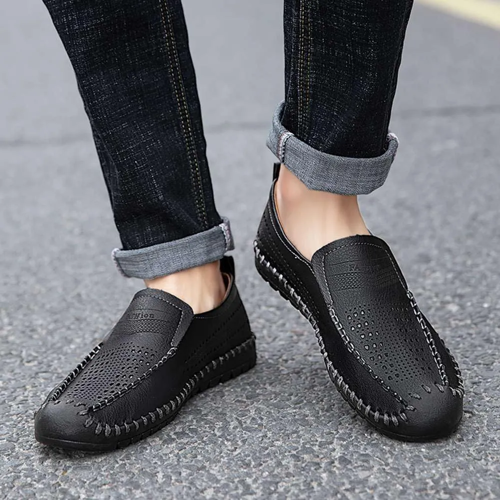 Men's Breathable Perforated Loafers Hand-Stitched Soft Sole Casual Shoes Slip-on Driving Moccasins for Men