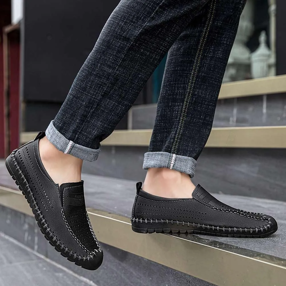 Men's Breathable Perforated Loafers Hand-Stitched Soft Sole Casual Shoes Slip-on Driving Moccasins for Men