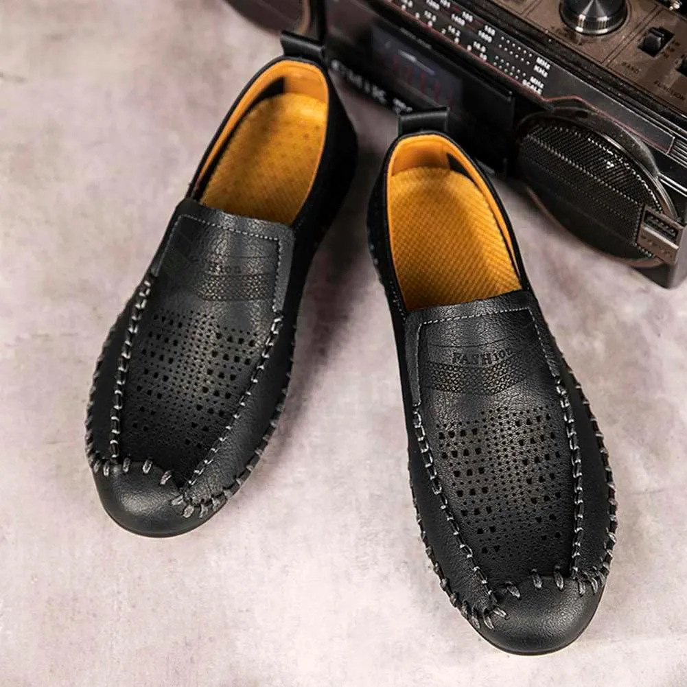 Men's Breathable Perforated Loafers Hand-Stitched Soft Sole Casual Shoes Slip-on Driving Moccasins for Men