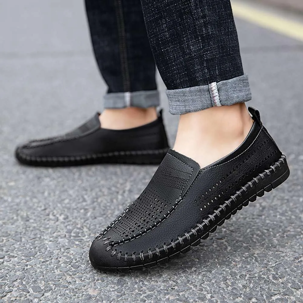Men's Breathable Perforated Loafers Hand-Stitched Soft Sole Casual Shoes Slip-on Driving Moccasins for Men