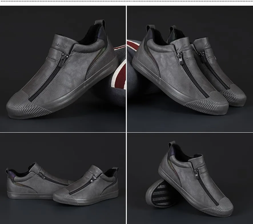 Men's Casual Fashion Leather Flat Zipper Shoes Slip On Walking Shoes Low Top Comfort Fit Sneakers Lightweight & Breathable Rubber Soles Walking Shoes