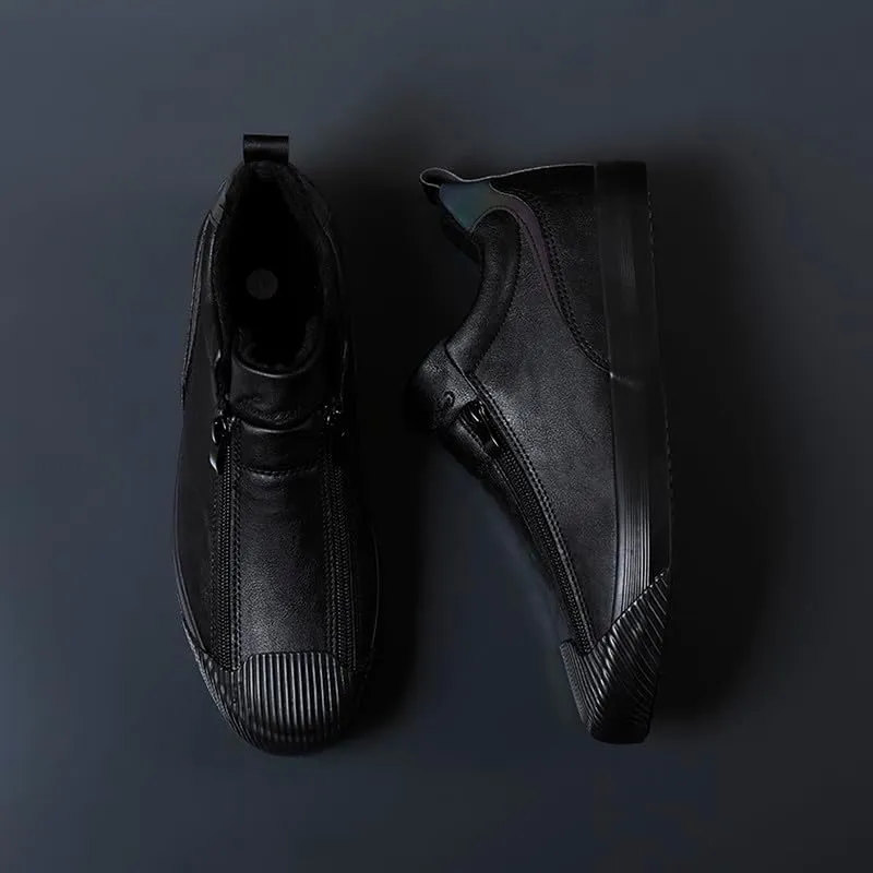 Men's Casual Fashion Leather Flat Zipper Shoes Slip On Walking Shoes Low Top Comfort Fit Sneakers Lightweight & Breathable Rubber Soles Walking Shoes