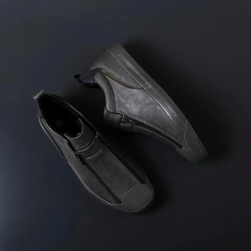 Men's Casual Fashion Leather Flat Zipper Shoes Slip On Walking Shoes Low Top Comfort Fit Sneakers Lightweight & Breathable Rubber Soles Walking Shoes
