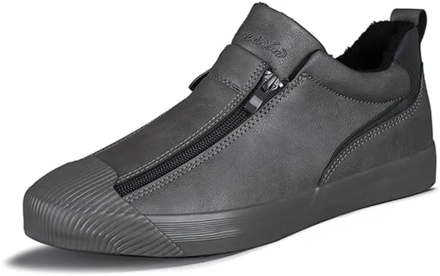 Men's Casual Fashion Leather Flat Zipper Shoes Slip On Walking Shoes Low Top Comfort Fit Sneakers Lightweight & Breathable Rubber Soles Walking Shoes