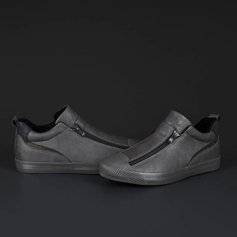 Men's Casual Fashion Leather Flat Zipper Shoes Slip On Walking Shoes Low Top Comfort Fit Sneakers Lightweight & Breathable Rubber Soles Walking Shoes