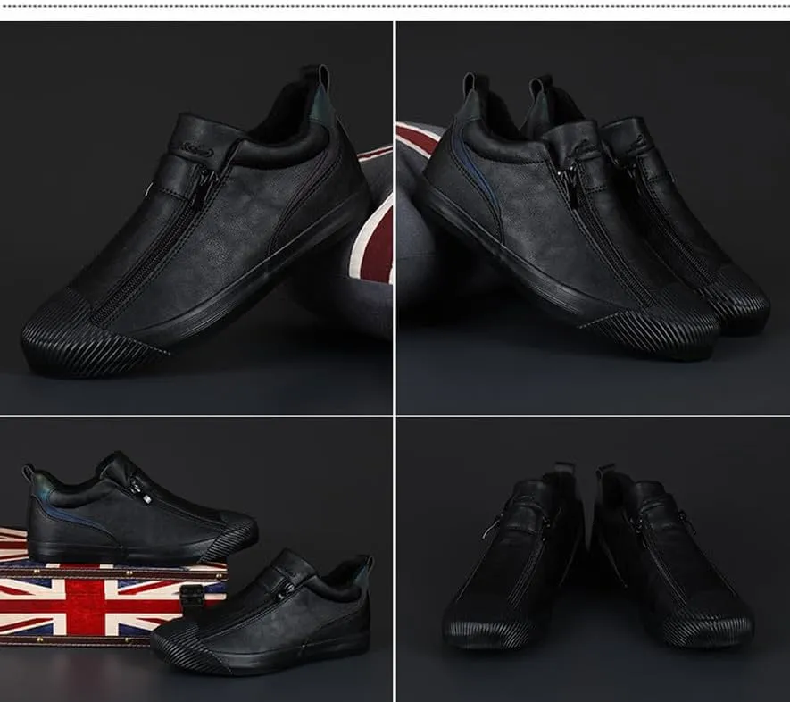 Men's Casual Fashion Leather Flat Zipper Shoes Slip On Walking Shoes Low Top Comfort Fit Sneakers Lightweight & Breathable Rubber Soles Walking Shoes